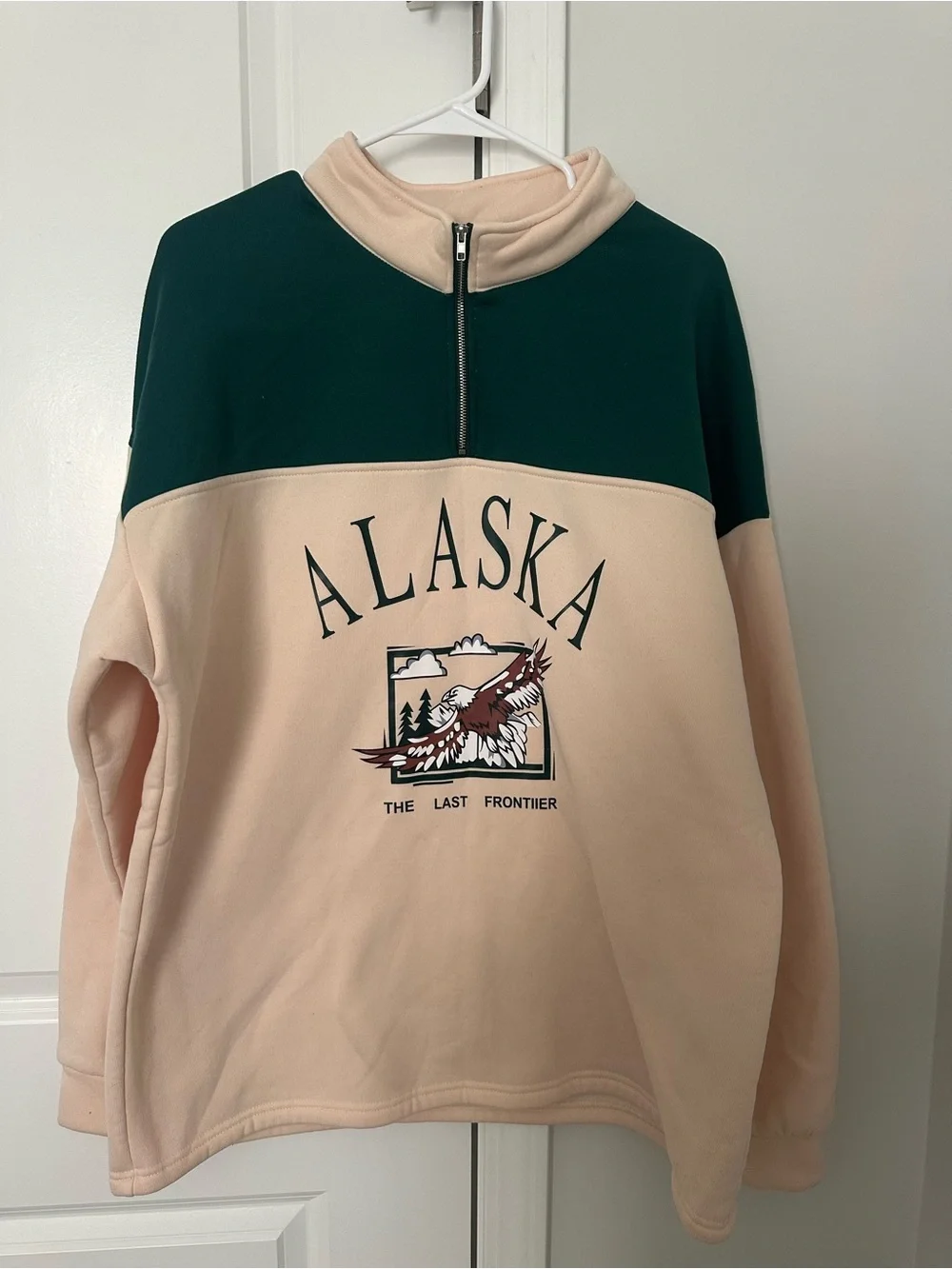 Alaska The Last Frontier Quarter Zip Sweatshirt |Green and Cream Color Block 2XL - Picture 2 of 8